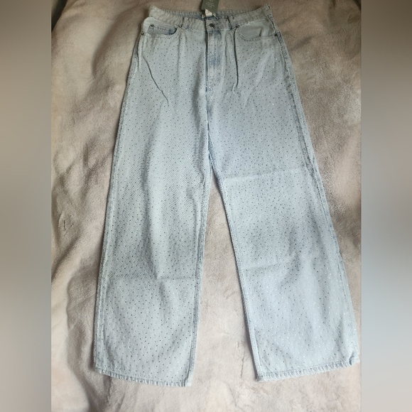 H&M RHINESTONE Embellished Denim Pants Light Denim Blue BNWT - Picture 4 of 16